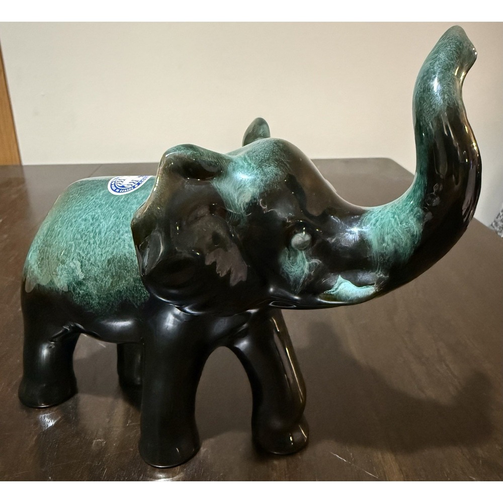 Vintage Blue Mountain Pottery Elephant Trunk Up Green Drip Glaze Canada 10"